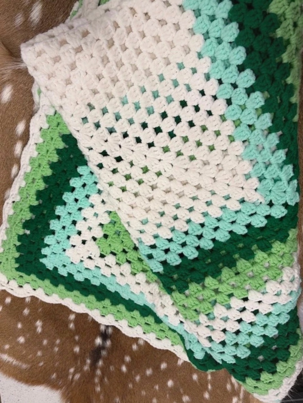 Ombre Green Crochet Throw Blanket with White Accent